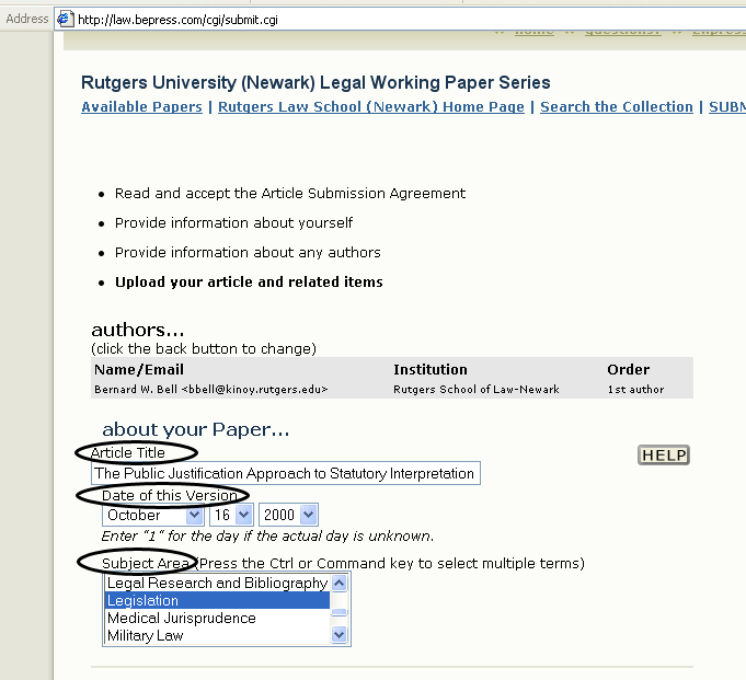 Title, Date,
	  Keyword information for BePress submission